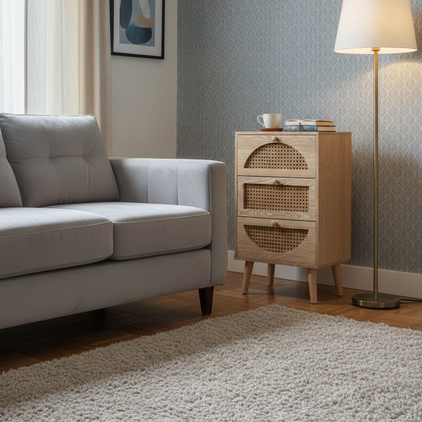 ADOUER WOOD The "Arc & Loom" 3-Drawer Nightstand Solid Wood with Natural Cane Inlay