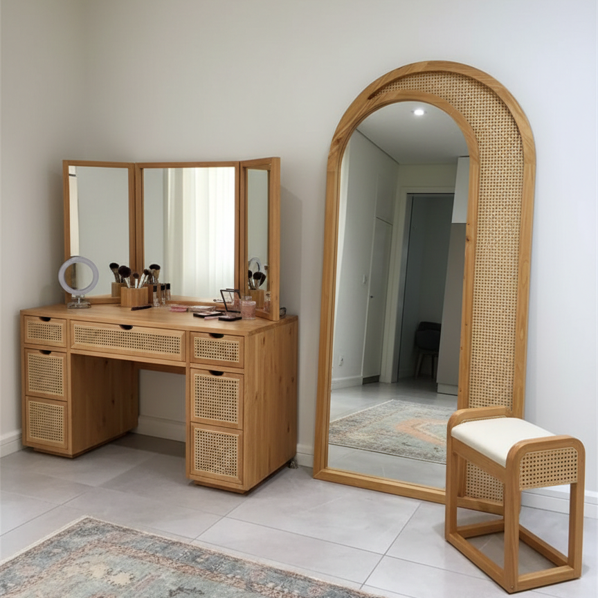 Acacia Wood Arched Full-Length Leaner Mirror with Natural Rattan Cane