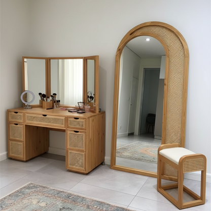 Acacia Wood Arched Full-Length Leaner Mirror with Natural Rattan Cane
