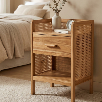 ADOUER WOOD Mid-Century Modern Bedside Table with Drawer & Open Shelf