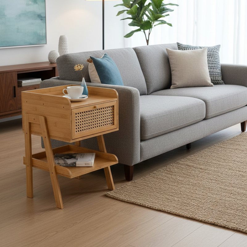 ADOUER WOOD Modern Nightstand & Bedside Table with Rattan Drawer & Open Storage Shelf