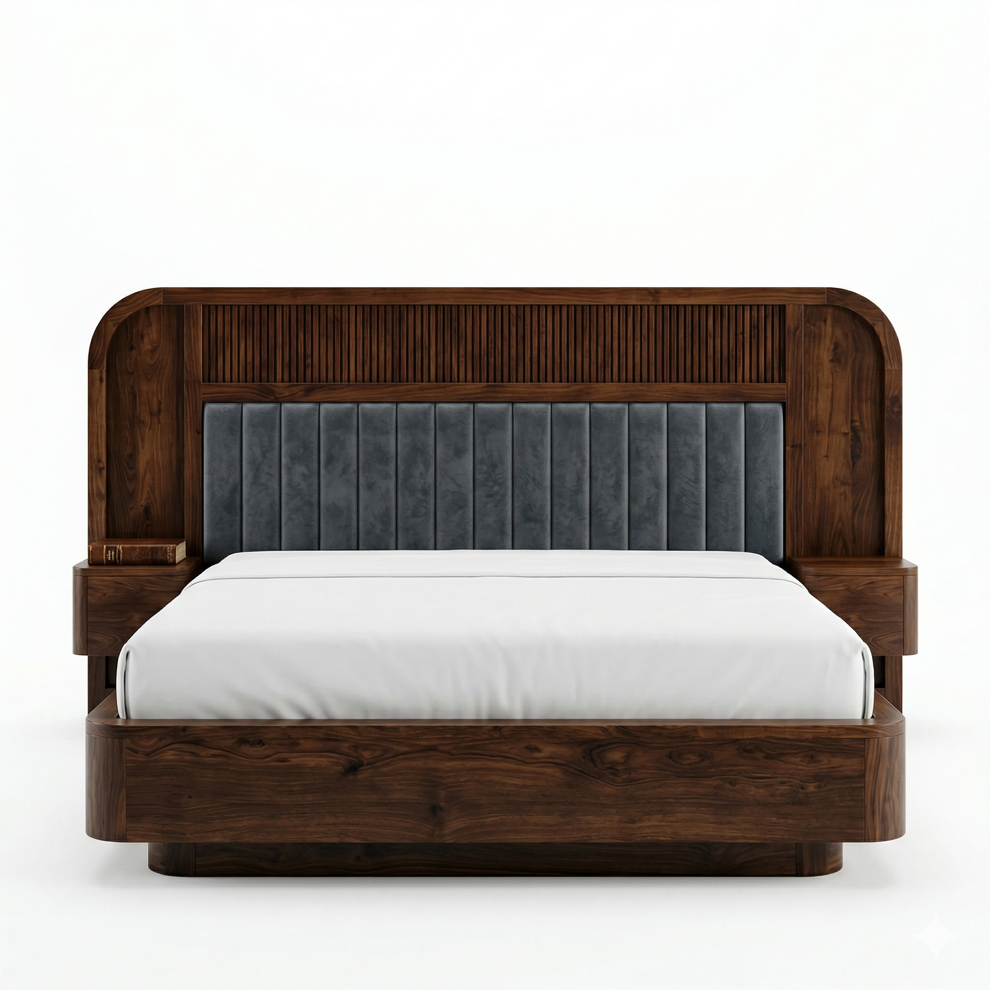 ADOUER WOOD Modern Headboard with Grey Tufted Upholstery & Built-in Floating Side Tables