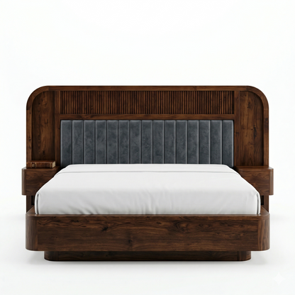 ADOUER WOOD Modern Headboard with Grey Tufted Upholstery & Built-in Floating Side Tables
