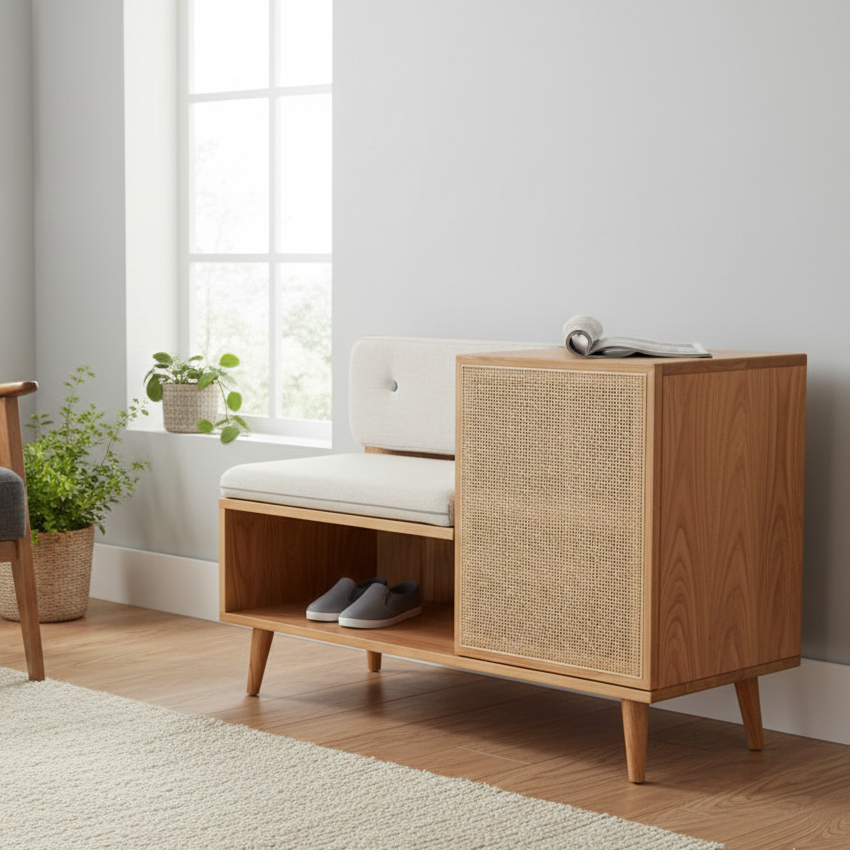 ADOUER WOOD Mid-Century Modern Sheesham Wood Shoe Rack Bench with Rattan Cane Door & Padded Seat