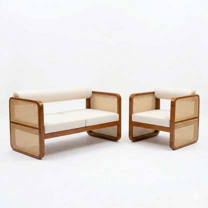 ADOUER WOOD Mid-Century Modern Cane Armchair Cum Sofa  – Solid Wood Frame with White Bolster Back Accent