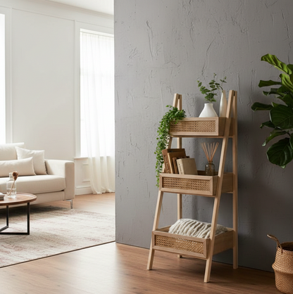 ADOUER WOOD 3-Tier A-Frame Wooden Ladder Shelf with Rattan Weave Baskets