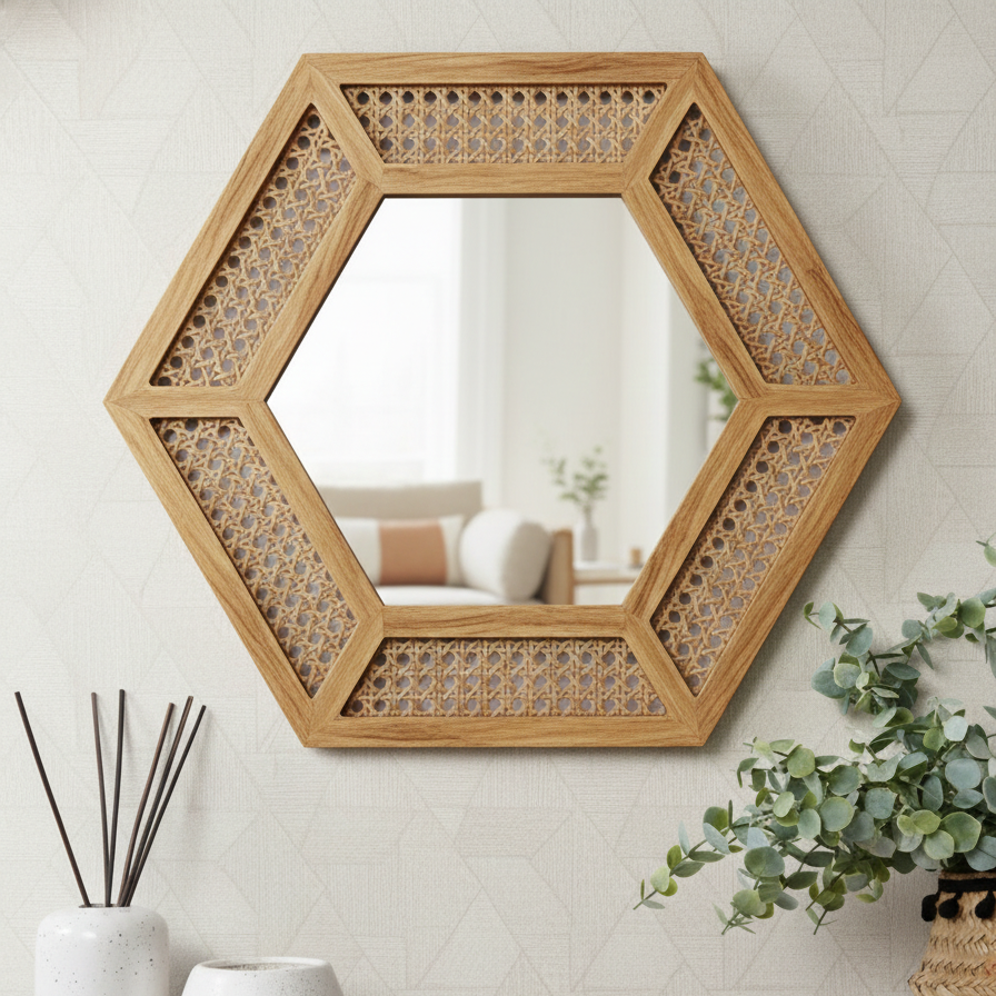 ADOUER WOOD Mirror – 34" Boho Honeycomb Mirror with Rattan Webbing Detail