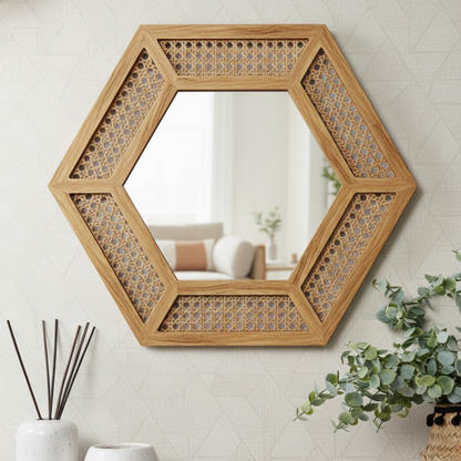 ADOUER WOOD Mirror – 34" Boho Honeycomb Mirror with Rattan Webbing Detail
