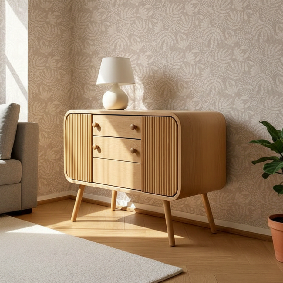 ADOUER WOOD Mid-Century Modern Sideboard – Curved Fluted Buffet Cabinet with 3 Drawers