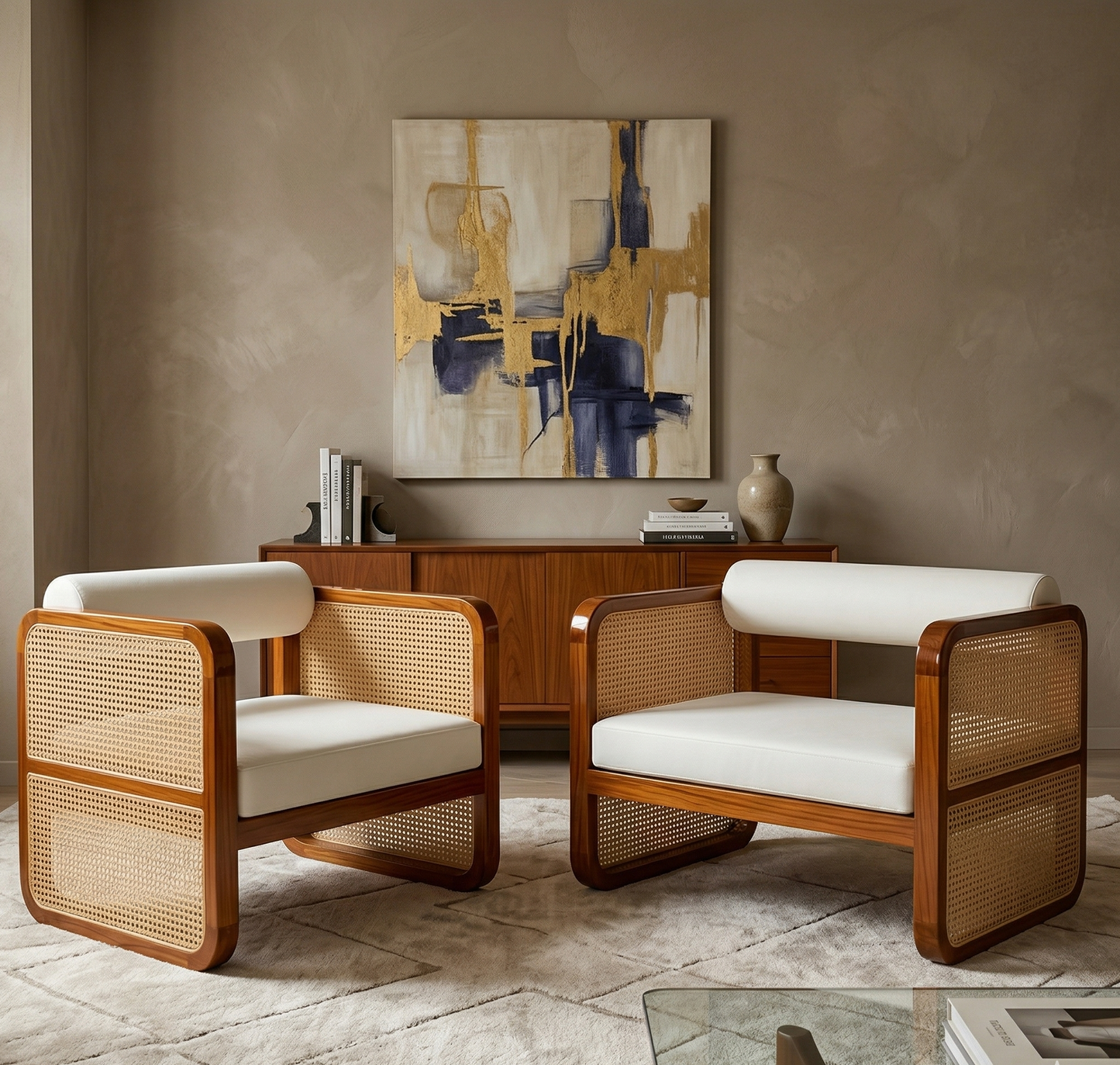 ADOUER WOOD Mid-Century Modern Cane Armchair Cum Sofa  – Solid Wood Frame with White Bolster Back Accent