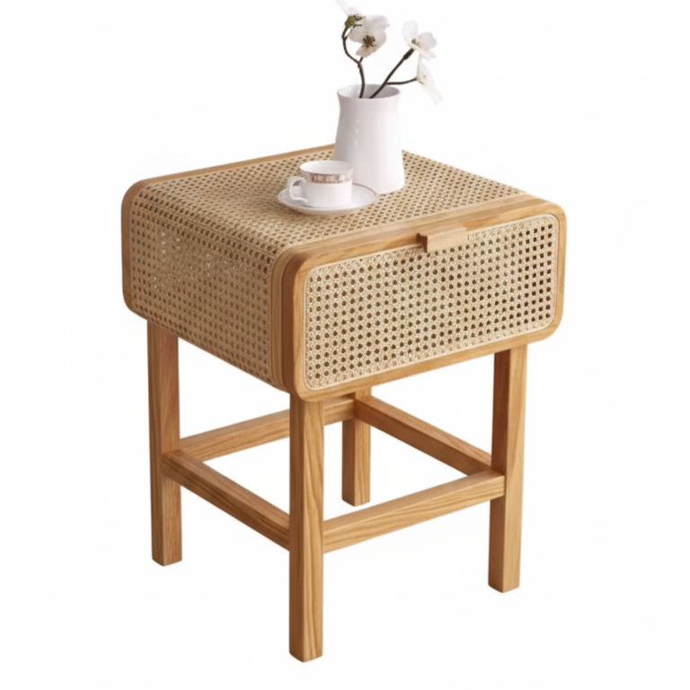 ADOUER WOOD Modern Rattan Solid Wood End Table with Cane Webbing Drawer & Curved Edges