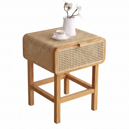 ADOUER WOOD Modern Rattan Solid Wood End Table with Cane Webbing Drawer & Curved Edges