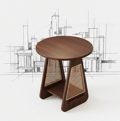 ADOUER WOOD Modern Round Wood Side Table with Rattan Inlay
