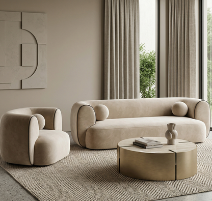 Curvy Modern Sofa Set – Minimalist Velvet Bouclé in Sand