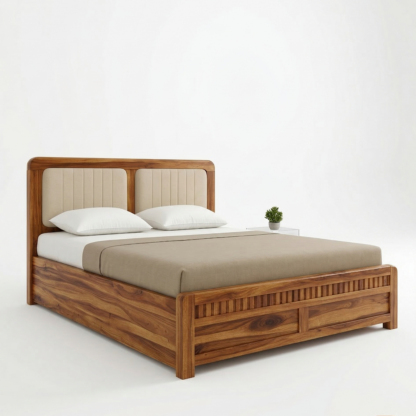ADOUER WOOD Solid Sheesham Wood Bed with Upholstered Headboard