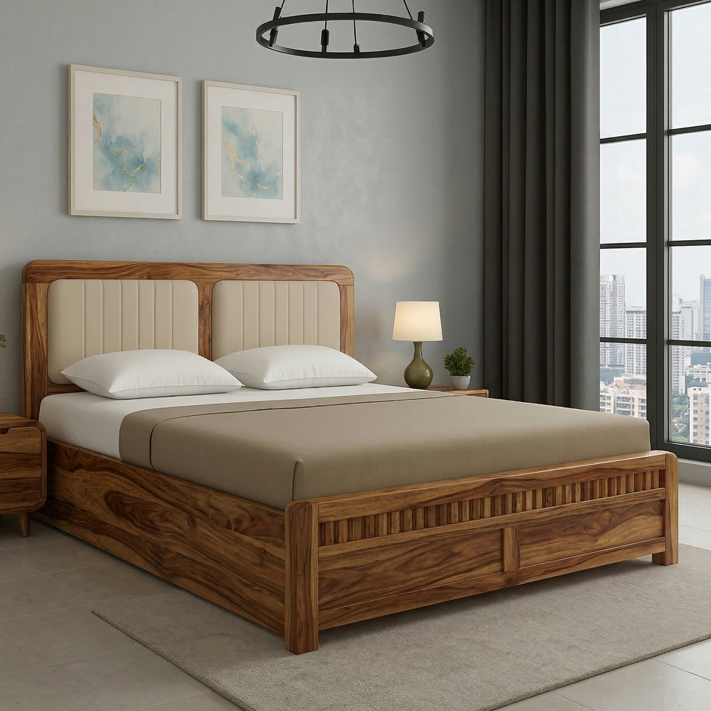ADOUER WOOD Solid Sheesham Wood Bed with Upholstered Headboard