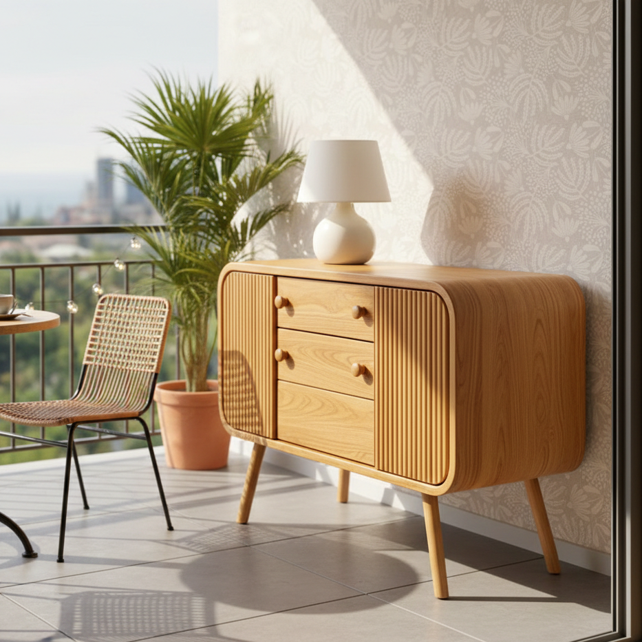 ADOUER WOOD Mid-Century Modern Sideboard – Curved Fluted Buffet Cabinet with 3 Drawers