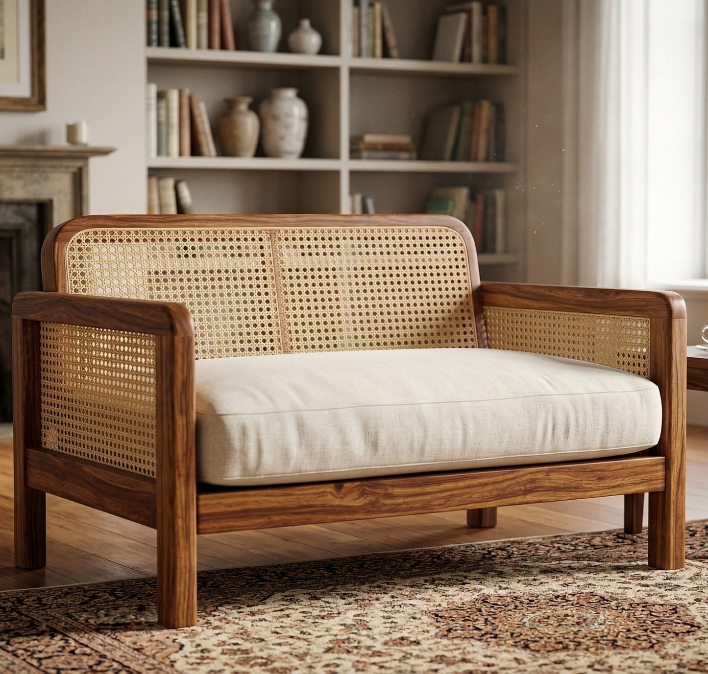 ADOUER WOOD Solid Wood Sofa with Natural Cane Backrest and Premium Fabric Cushions
