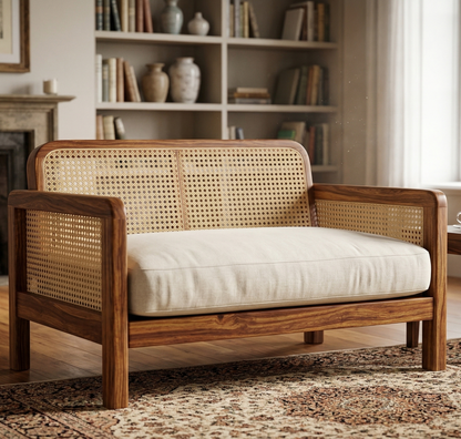 ADOUER WOOD Solid Wood Sofa with Natural Cane Backrest and Premium Fabric Cushions