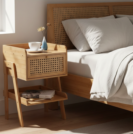 ADOUER WOOD Modern Nightstand & Bedside Table with Rattan Drawer & Open Storage Shelf