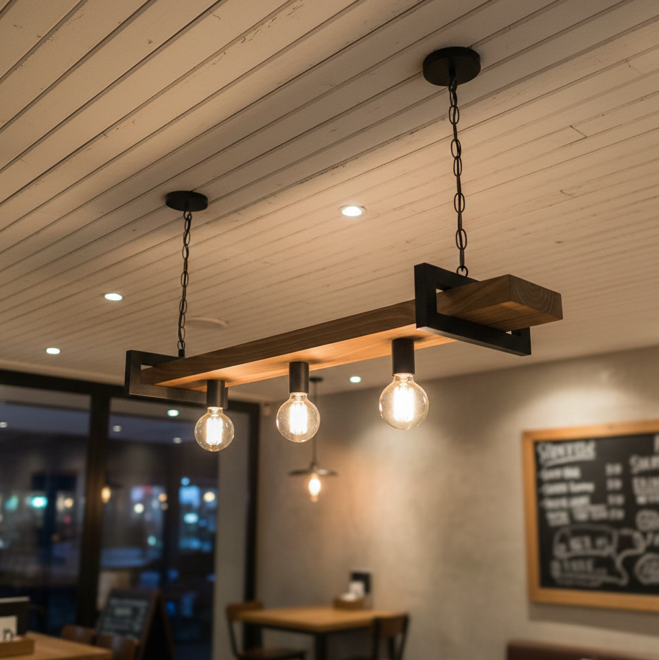 ADOUER WOOD Handcrafted Wood Beam Chandelier – Industrial Linear Pendant Light with Edison Bulbs