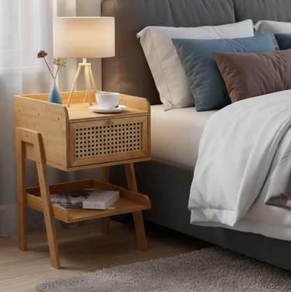ADOUER WOOD Modern Nightstand & Bedside Table with Rattan Drawer & Open Storage Shelf