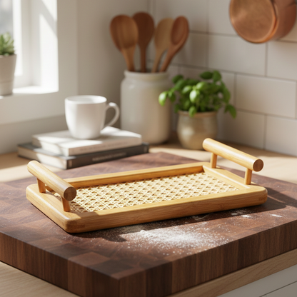 ADOUER WOOD Handcrafted Serving Tray with Natural Rattan Inlay and Dual Handles