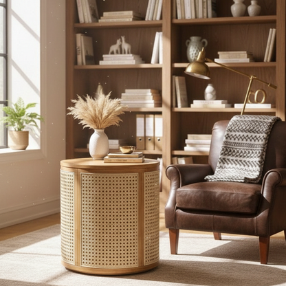 ADOUER WOOD Round Rattan Cane Side Table - Boho Drum End Table with Natural Wood Finish