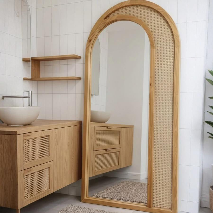 Acacia Wood Arched Full-Length Leaner Mirror with Natural Rattan Cane