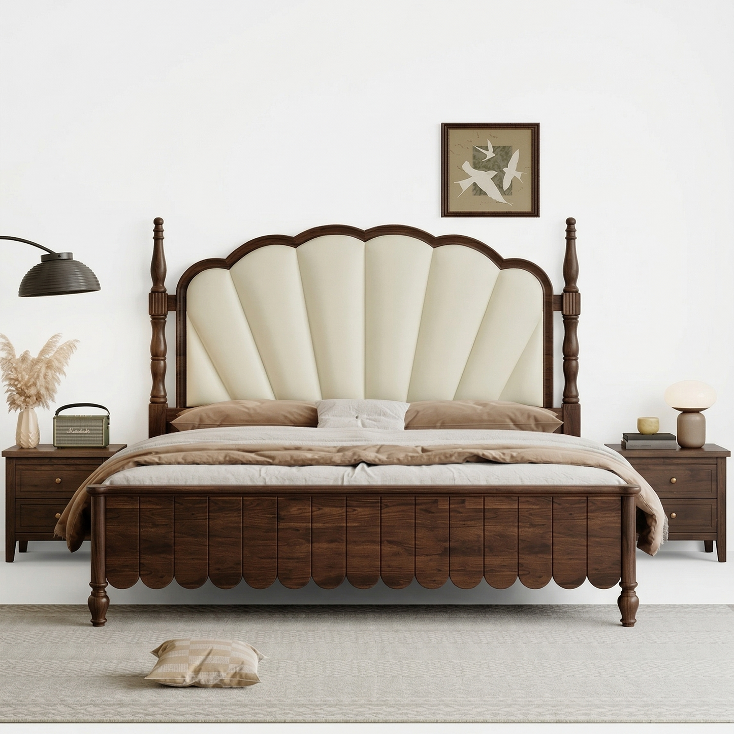 Adouer Wood Vintage-Inspired Scalloped Headboard Solid Wood Bed