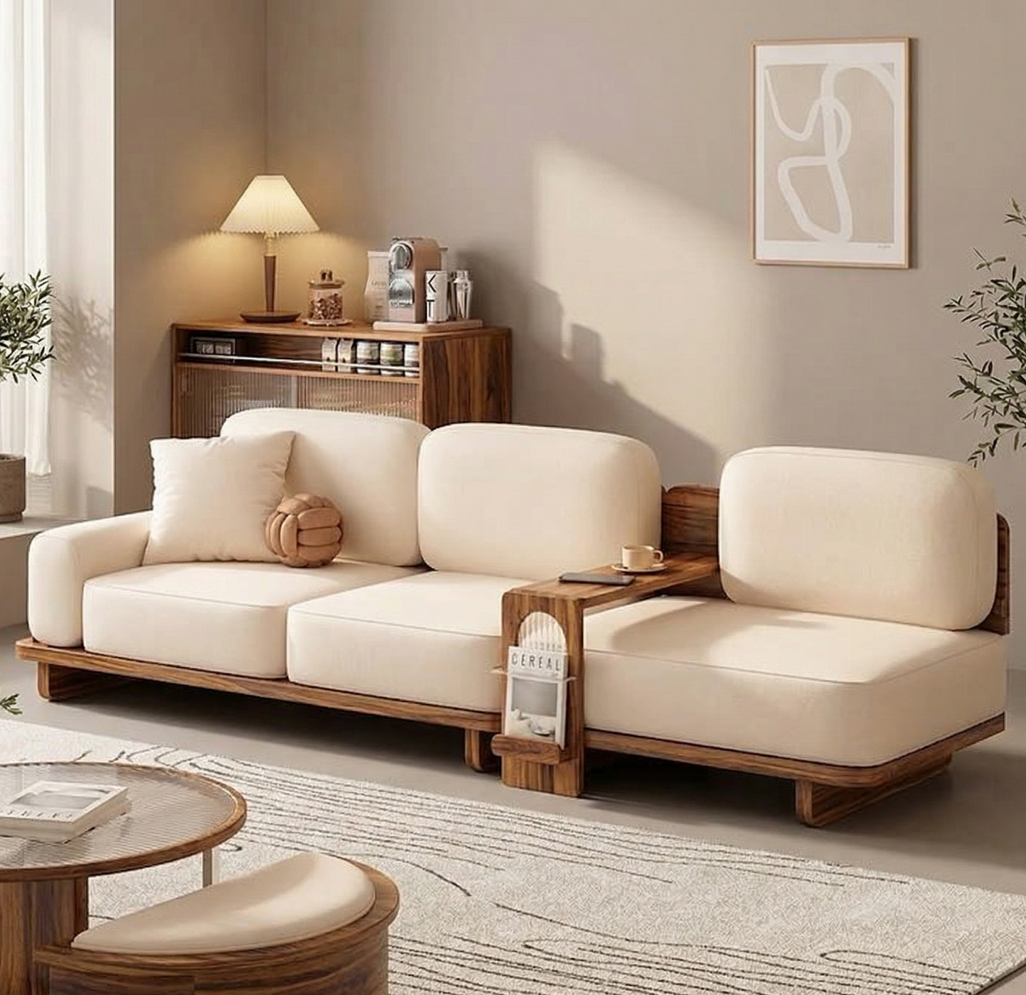 Adouer Wood Modern Japandi Sheesham Wood Sofa – 3-Seater with Integrated Side Table & Magazine Rack"