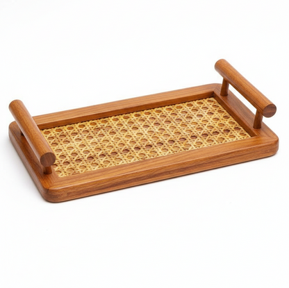 ADOUER WOOD Handcrafted Serving Tray with Natural Rattan Inlay and Dual Handles