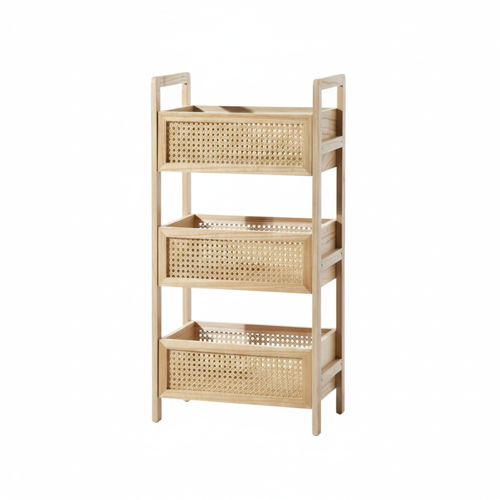 ADOUER WOOD Modern Rattan 3-Shelf Utility Rack – Natural Finish
