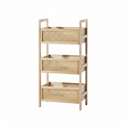 ADOUER WOOD Modern Rattan 3-Shelf Utility Rack – Natural Finish