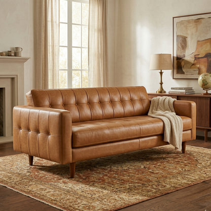 Mid-Century Modern Tufted Sofa - Leatherette Fabric Couch with Tapered Wood Legs