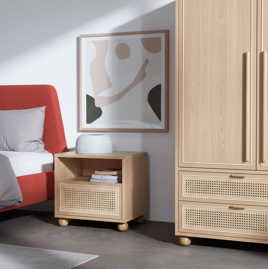 ADOUER WOOD Mid-Century Modern Rattan Bedside Table with Ball Feet