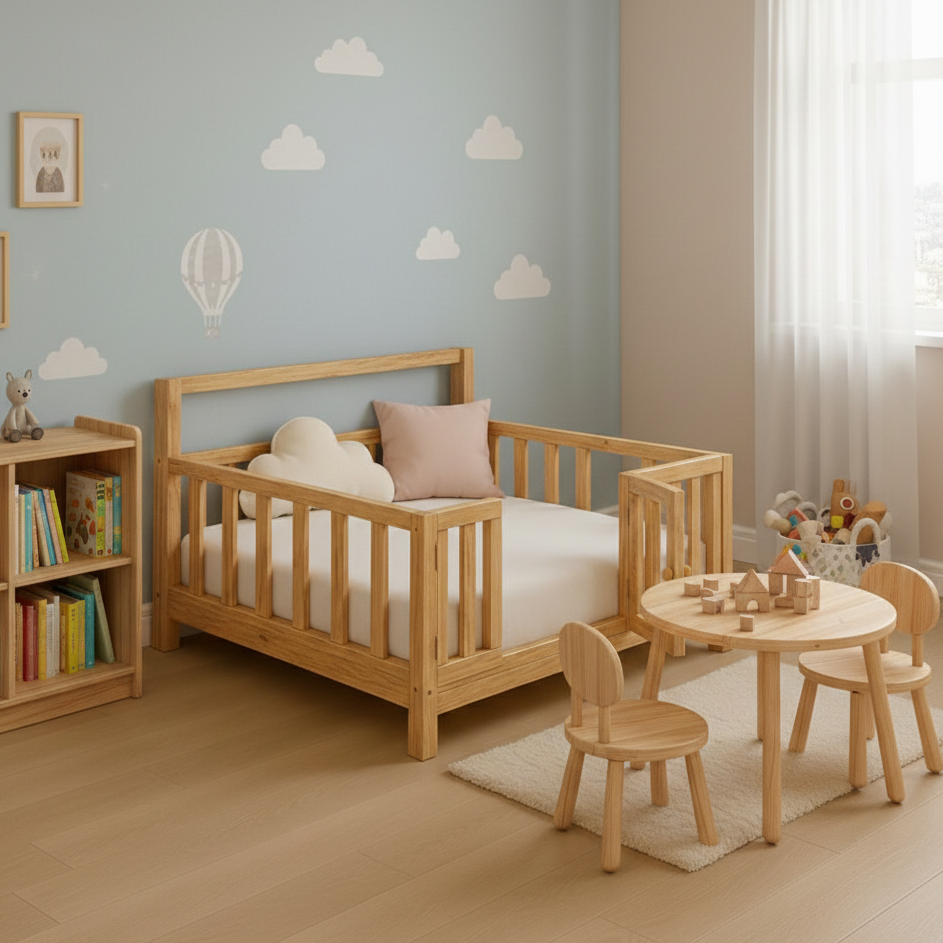 ADOUER WOOD Solid Wood Montessori Floor Bed with Safety Gate – Toddler Transition Cot