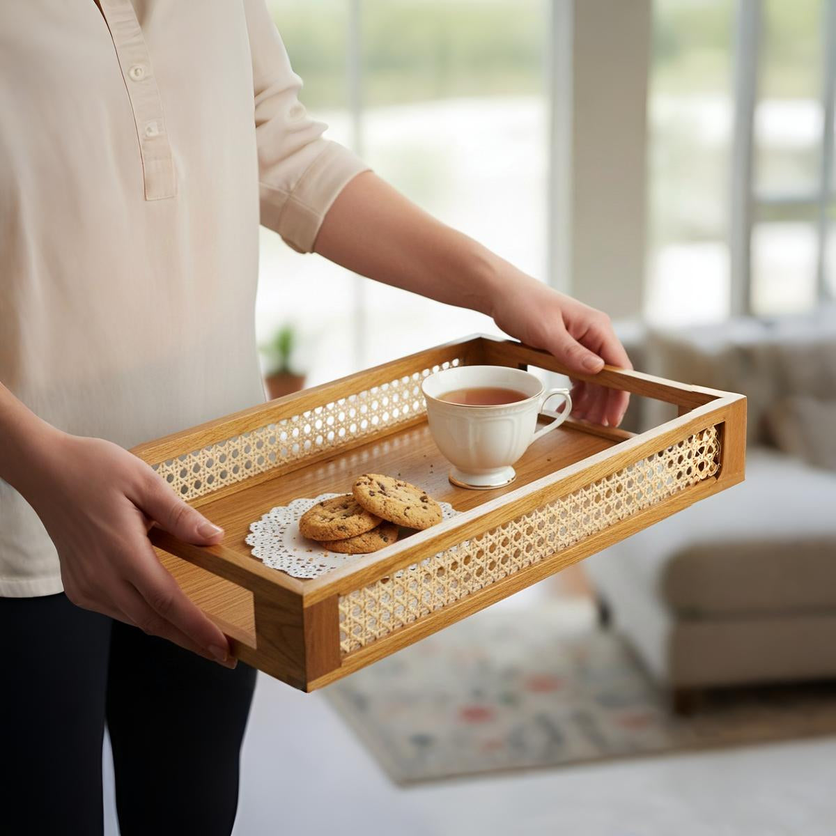 ADOUER WOOD Rectangular Wooden Serving Tray with Rattan Cane Inlay & Cutout Handles