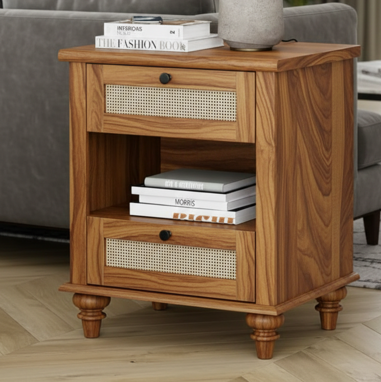 ADOUER WOOD 2-Drawers Nightstand with Rattan Inlay – Mid-Century Modern Bedside Table