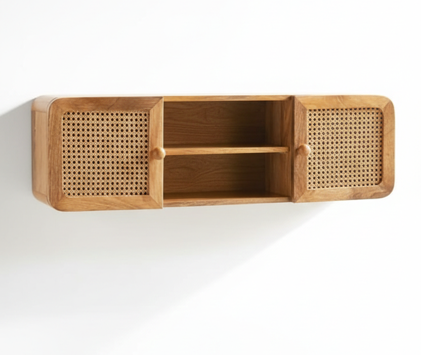 ADOUER WOOD Mid-Century Modern Floating Wood & Rattan Cane Media Console Cabinet