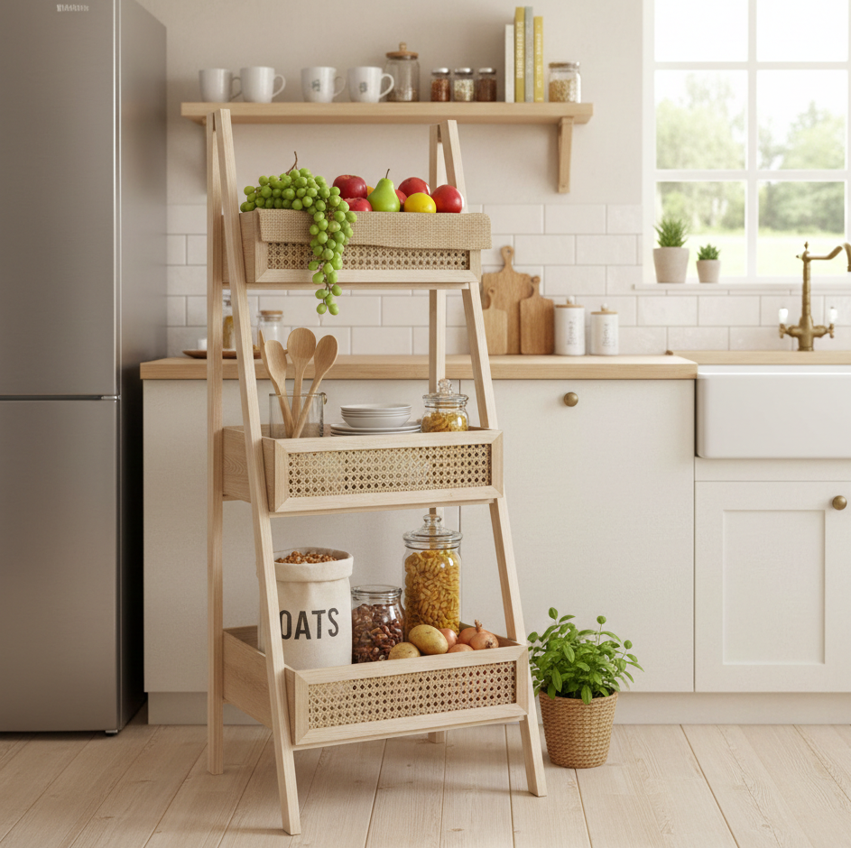 ADOUER WOOD 3-Tier A-Frame Wooden Ladder Shelf with Rattan Weave Baskets