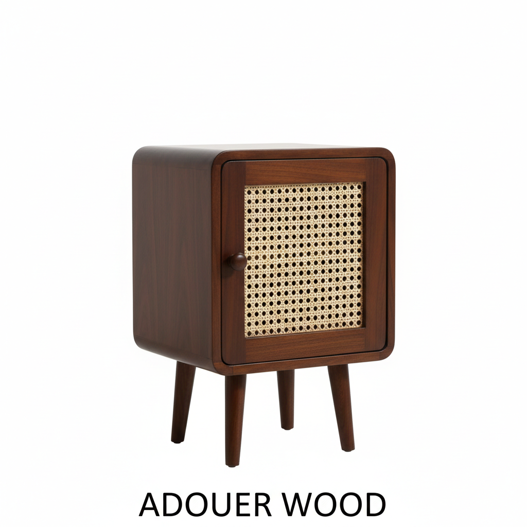 Adouer Wood Mid-Century Modern Rattan Bedside Table Wood Nightstand with Storage Door