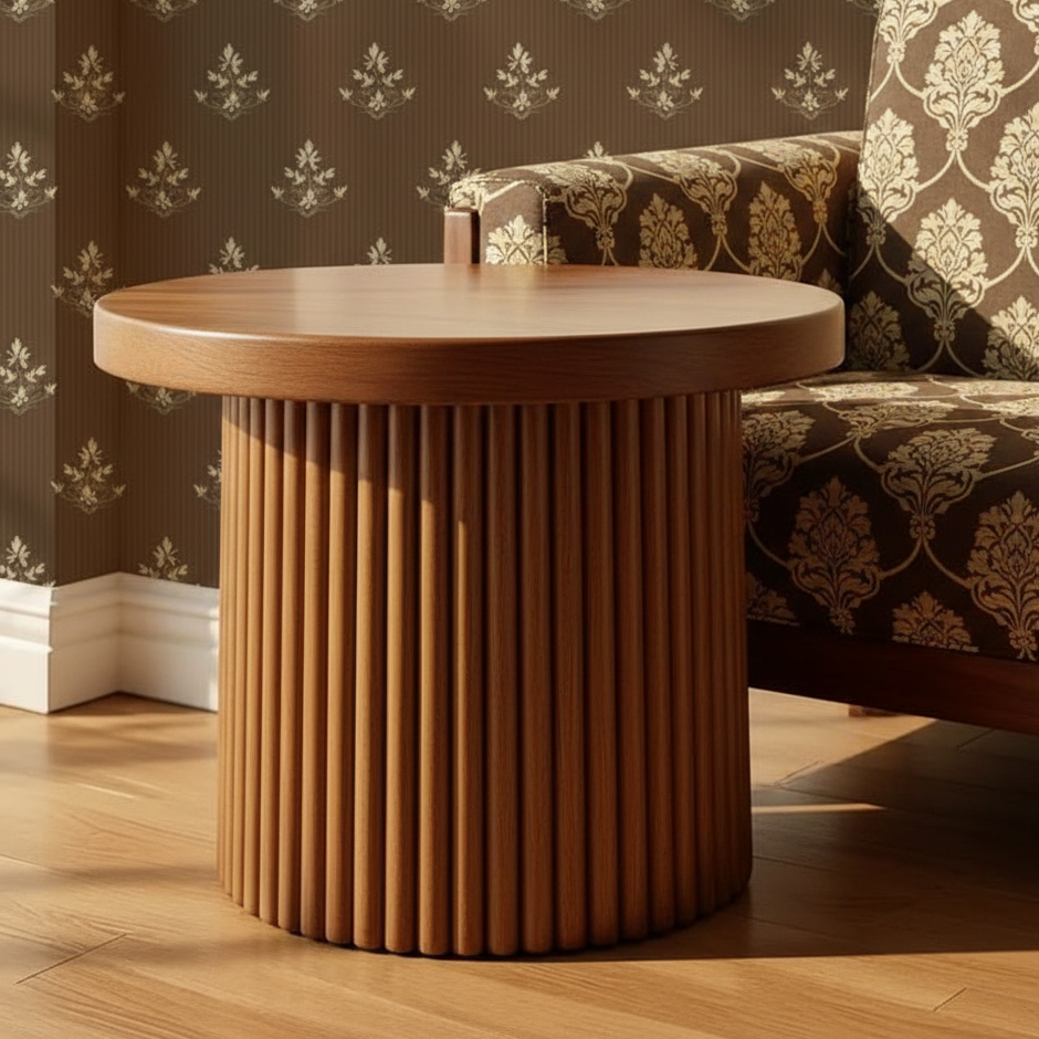 ADOUER WOOD Handcrafted Fluted Wood Pedestal Table – Minimalist Round Coffee Table