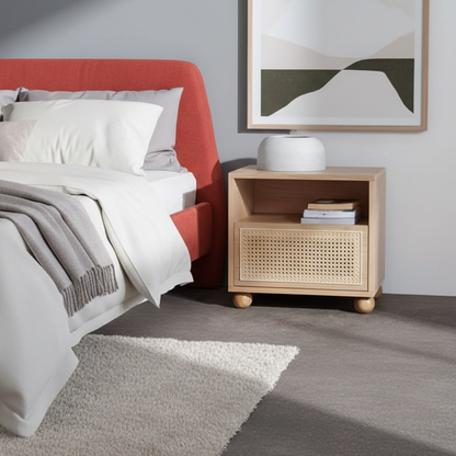 ADOUER WOOD Mid-Century Modern Rattan Bedside Table with Ball Feet