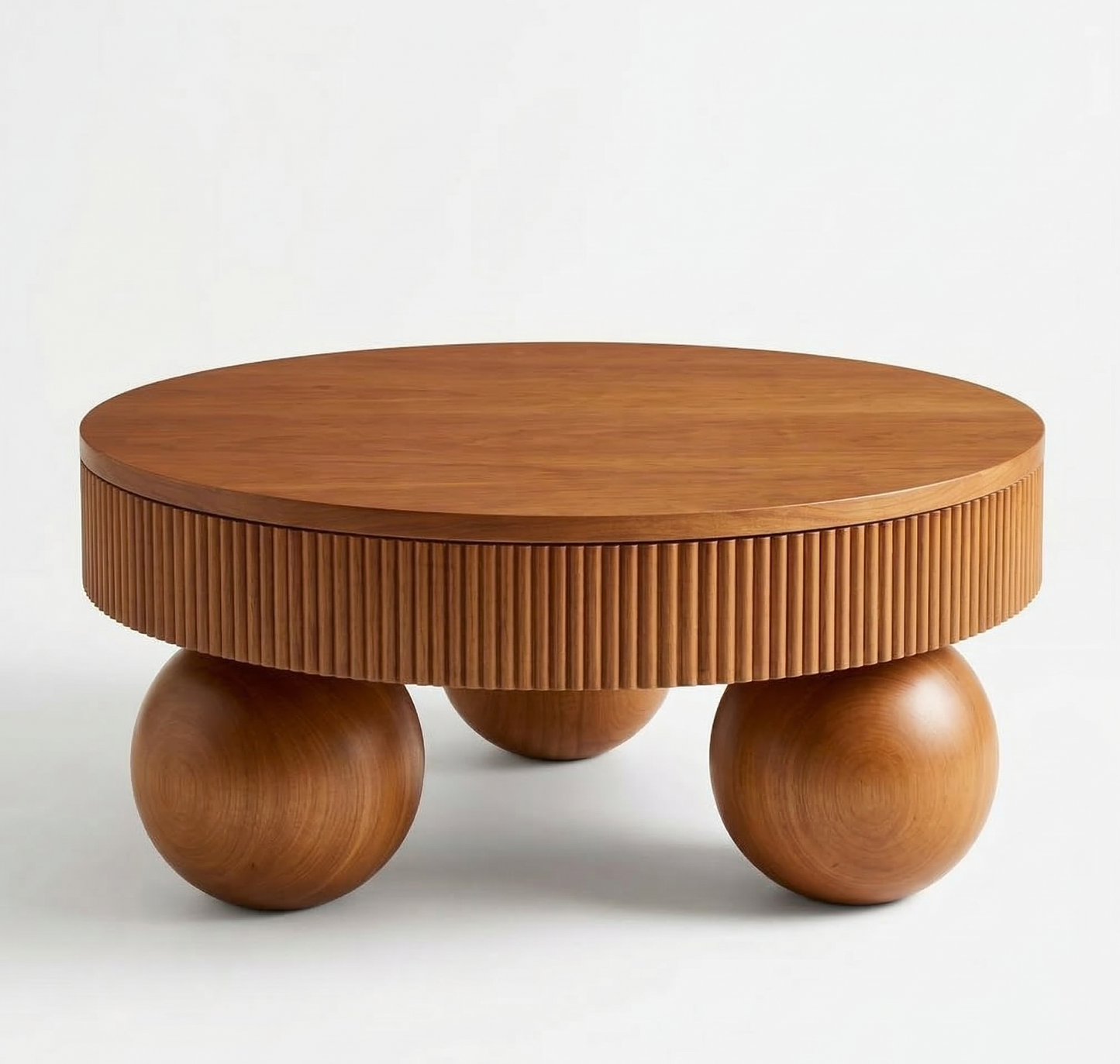 ADOUER WOOD Round Solid Wood Coffee Table with Fluted Detailing and Sphere Ball Legs