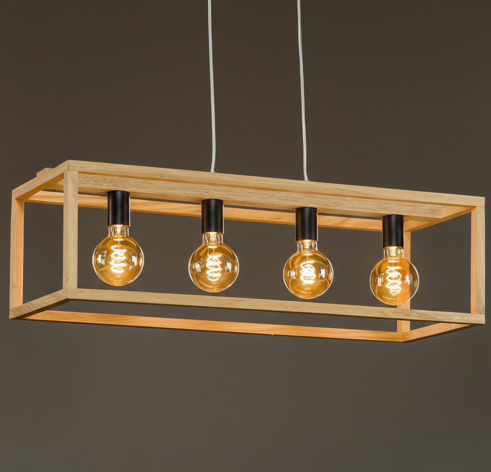 ADOUER WOOD Solid Wood Rectangular Pendant Light with 4 Edison Bulbs