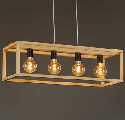 ADOUER WOOD Solid Wood Rectangular Pendant Light with 4 Edison Bulbs