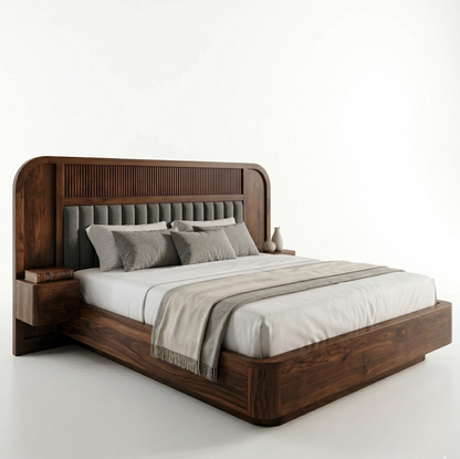 ADOUER WOOD Modern Headboard with Grey Tufted Upholstery & Built-in Floating Side Tables