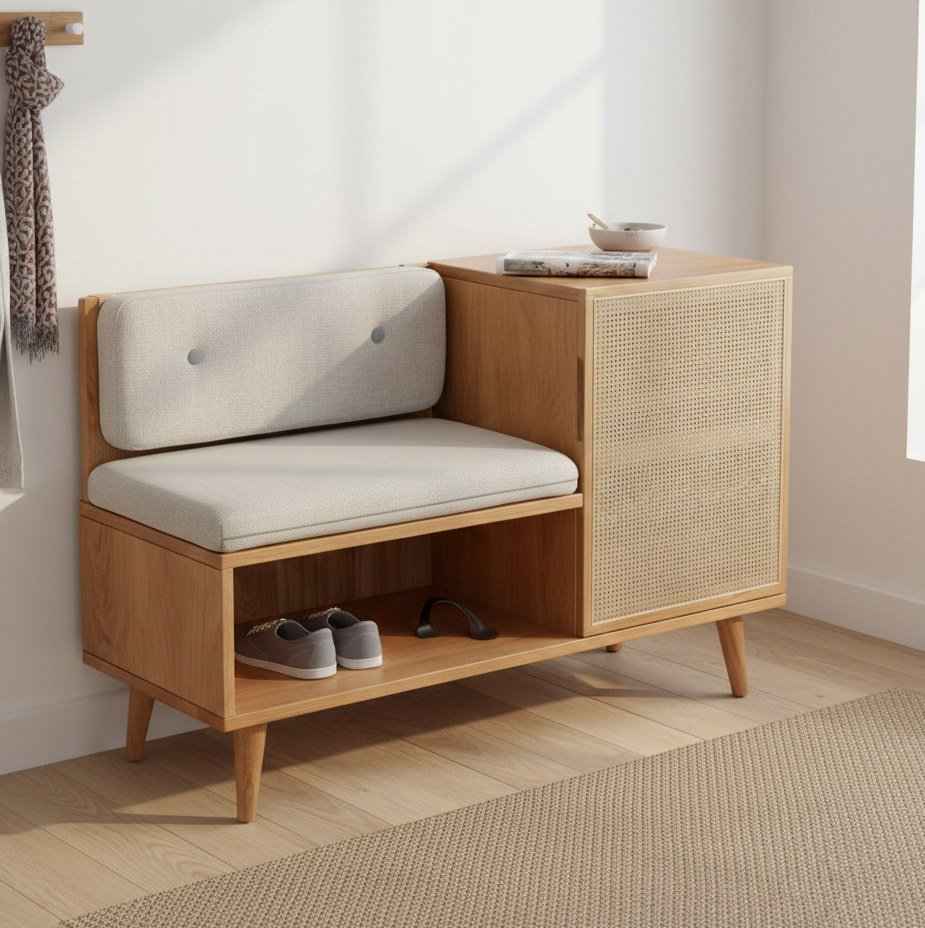 ADOUER WOOD Mid-Century Modern Sheesham Wood Shoe Rack Bench with Rattan Cane Door & Padded Seat