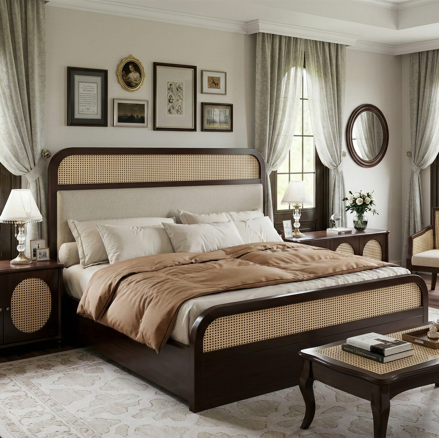 Adouer Wood Solid Wood Bed Natural Rattan Cane Weave & Upholstered Headboard